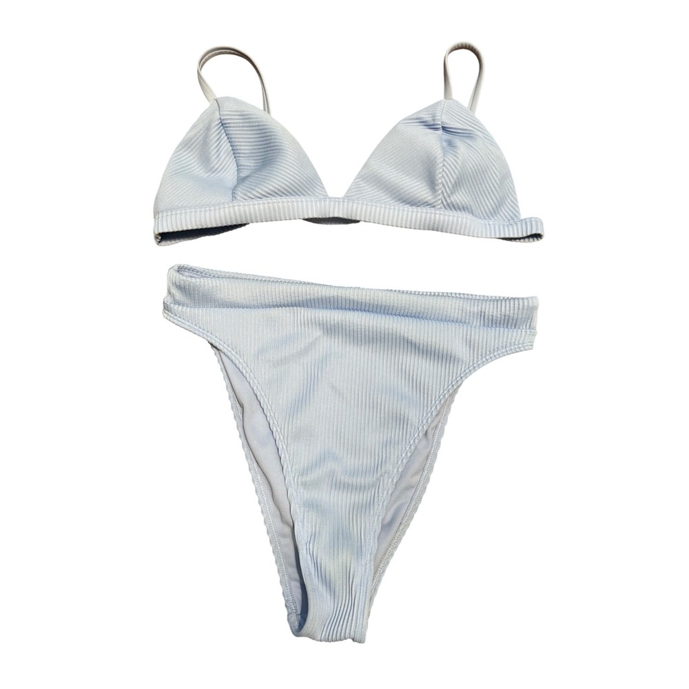 Hollister Swim Light Blue Ribbed Bikini Set Triangle Top L High Leg Bottom M